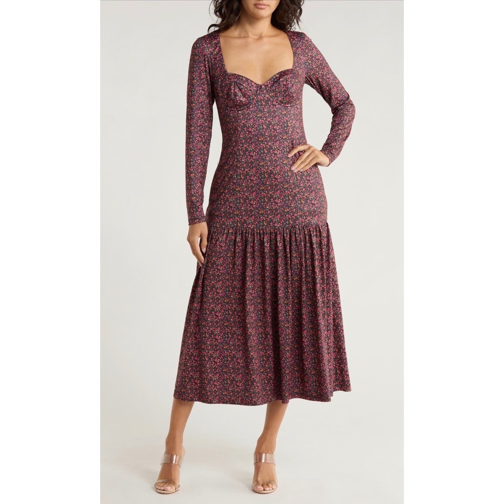 Hutch Womens Ditsy Floral Sweetheart Neck Dropped Waist Midi Dress Small Pink